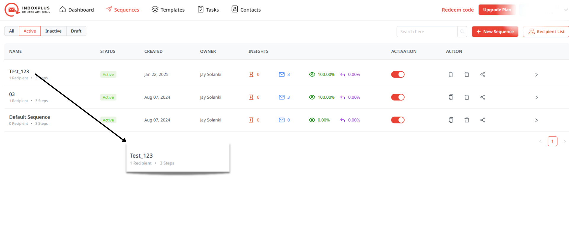 Open the InboxPlus account and click on the new sequence